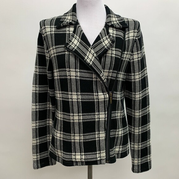 Chaps Women's Sweater Large X-Large Black Cream Multicolor Plaid Zipper - Picture 1 of 9